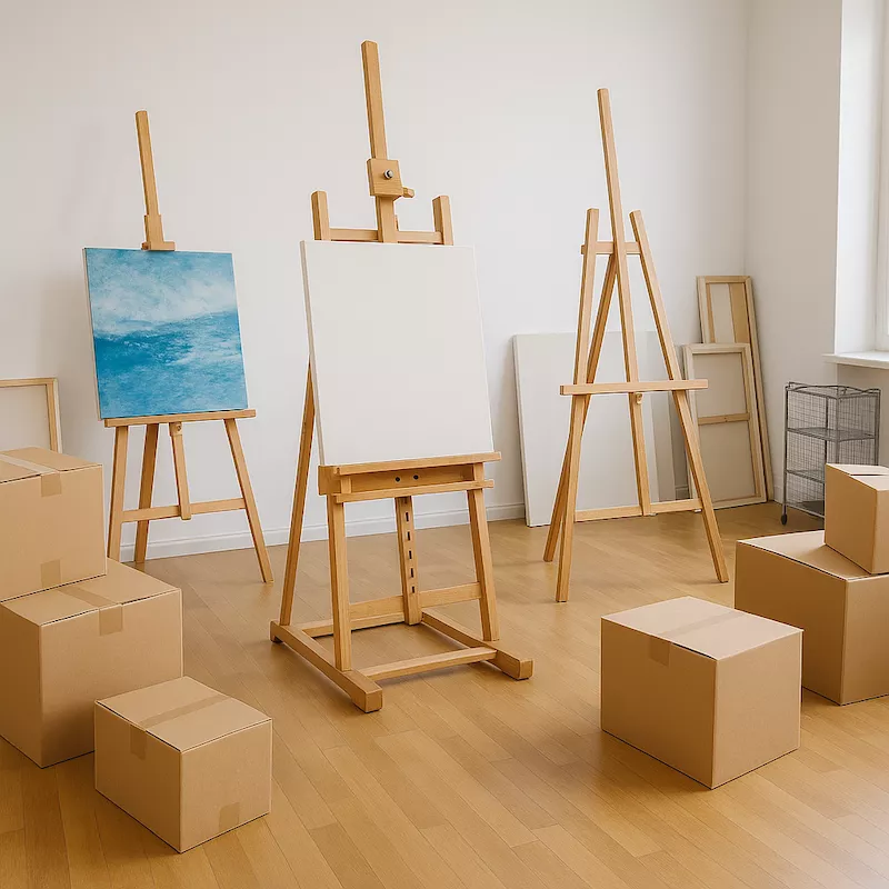 Kreativ studio under flytt – stafflier, dukar och flyttkartonger i ett konstnärsrum